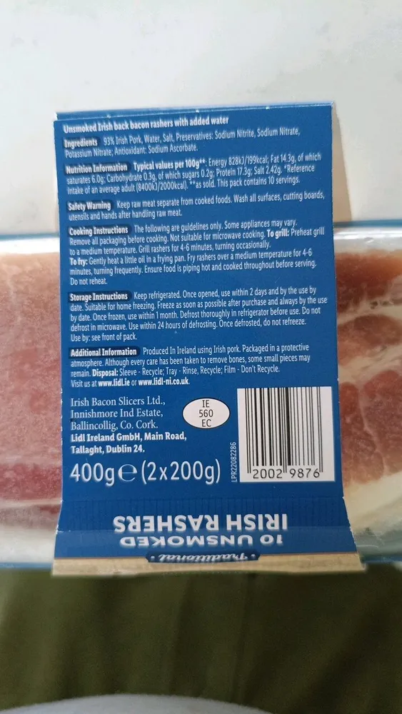 Unsmoked Irish back bacon rashers with added water