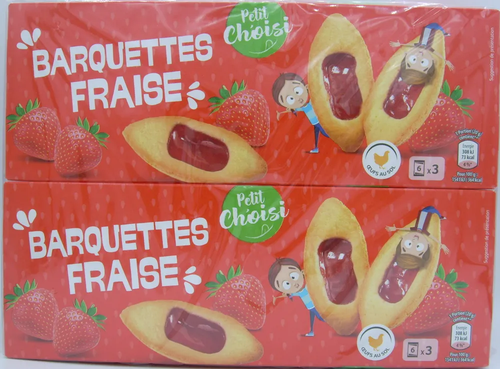 Barquettes Fraise - Biscuits aux œufs avec nappage (50%) à la fraise, arômatisé