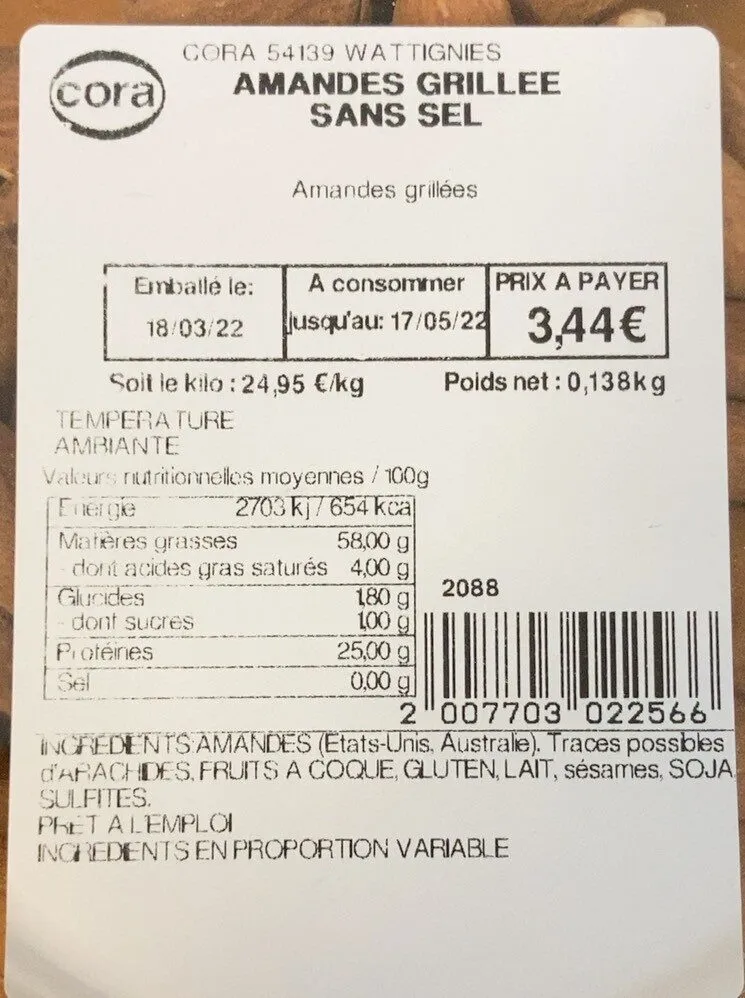 Amandes grillées sans sel
