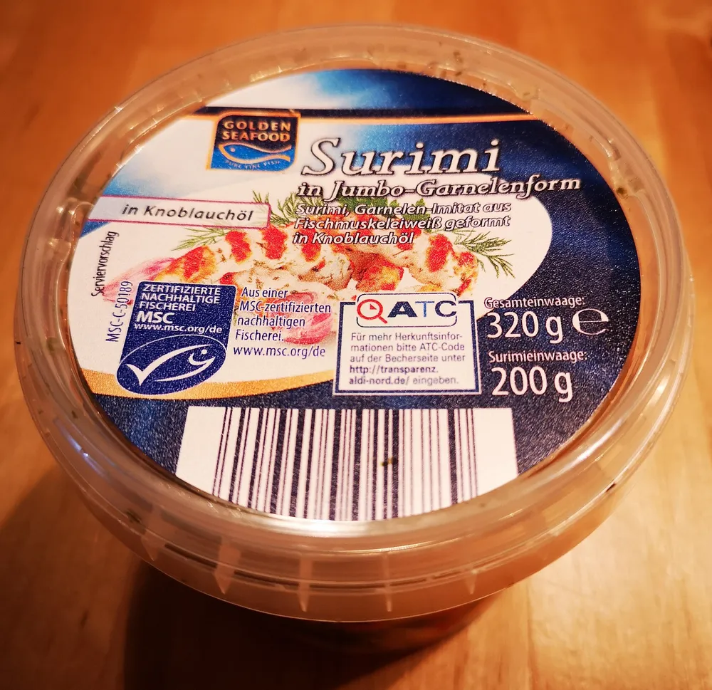 Surimi in Jumbo-Garnelenform in Knoblauchöl