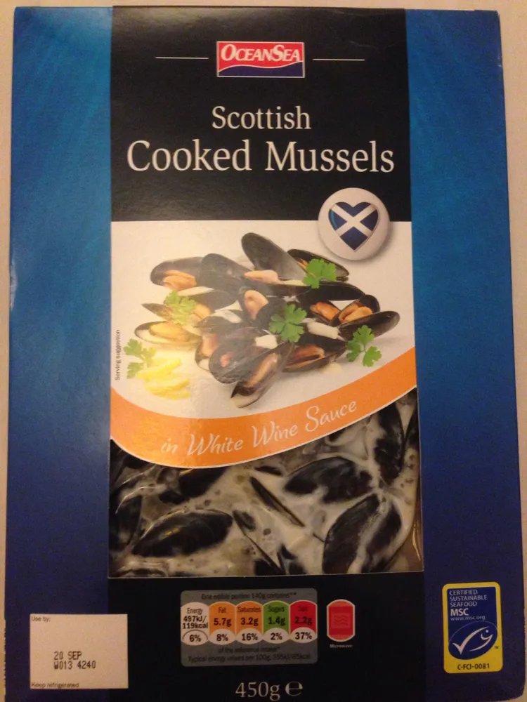Scottish cooked mussels in white wine sauce