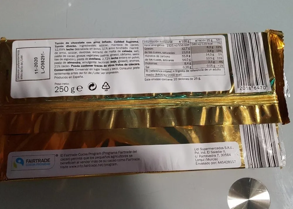 Turrón de chocolate con arroz inflado