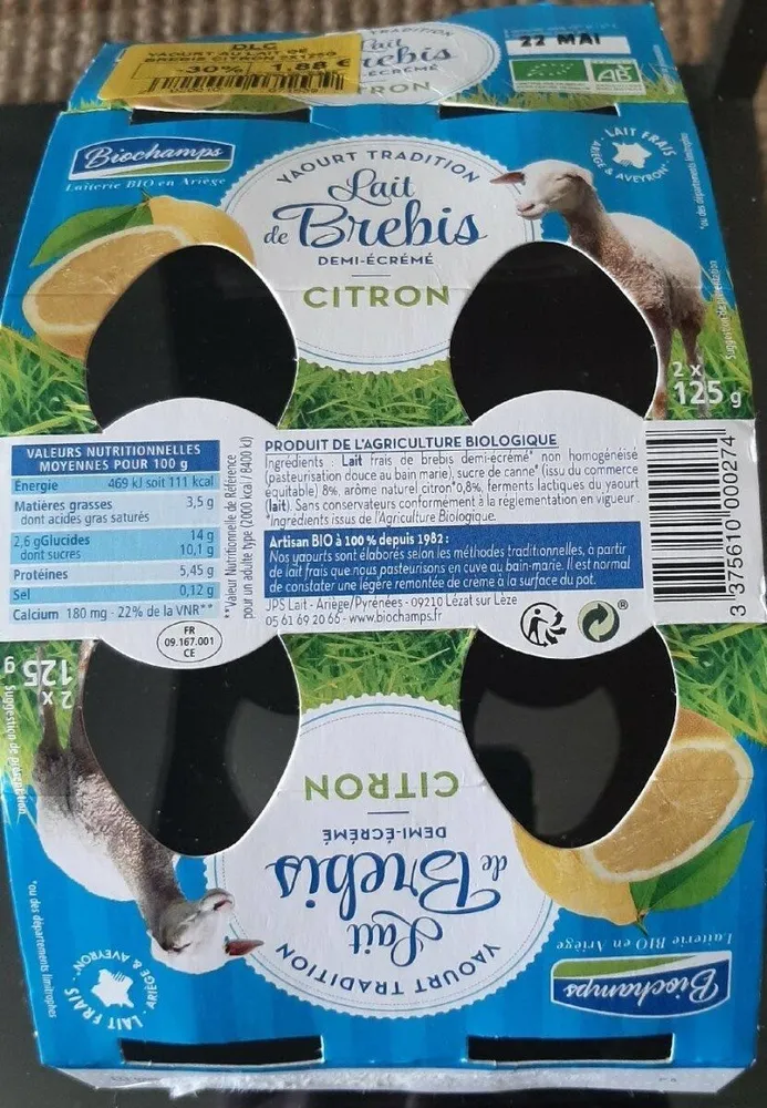 Yaourt lait de brebis demi écrémé citron