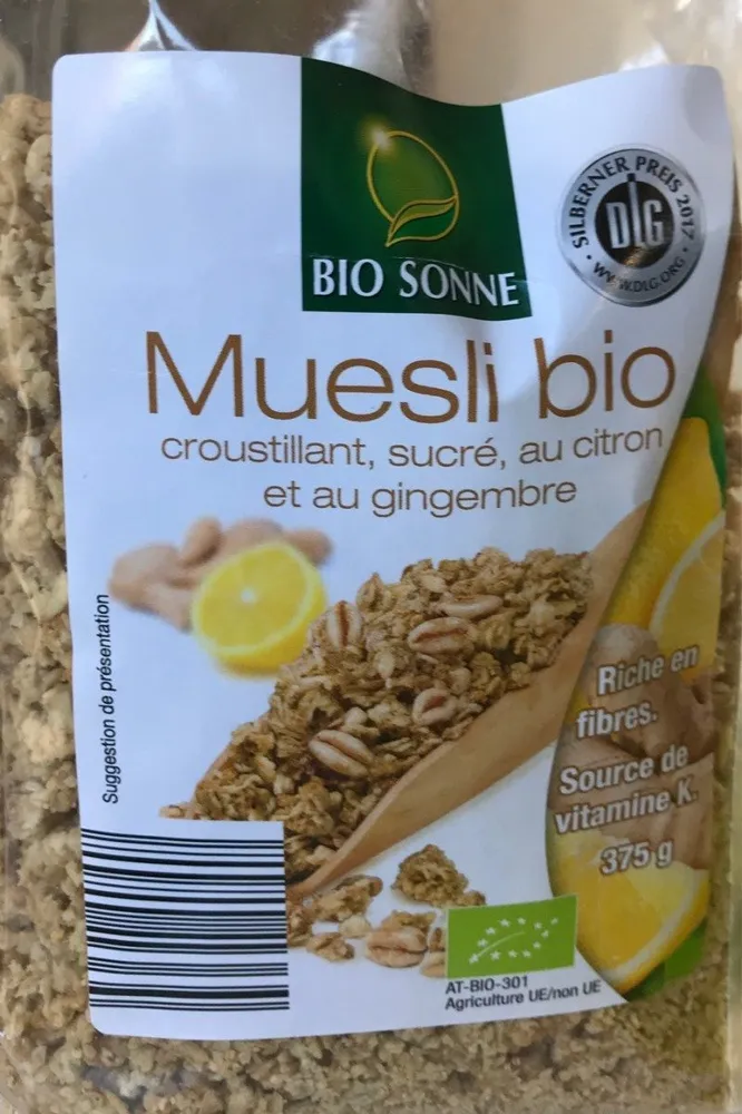 Muesli bio, croustillant, sucré, au citron et au gingembre