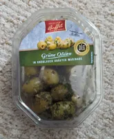 Grüne Oliven in Knoblauch Kräuter Marinade