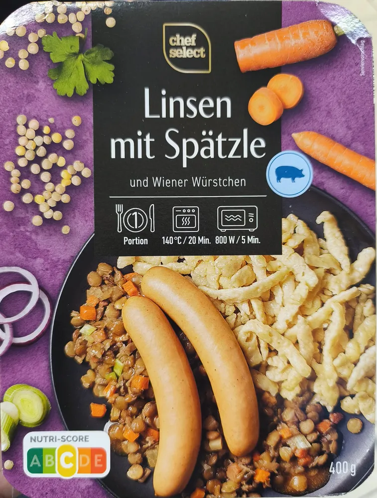 Linsen mit Spätzle und Wiener Würstchen