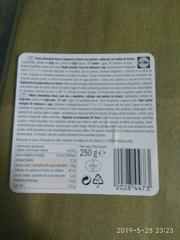 Hojas de lasaña de espinacas