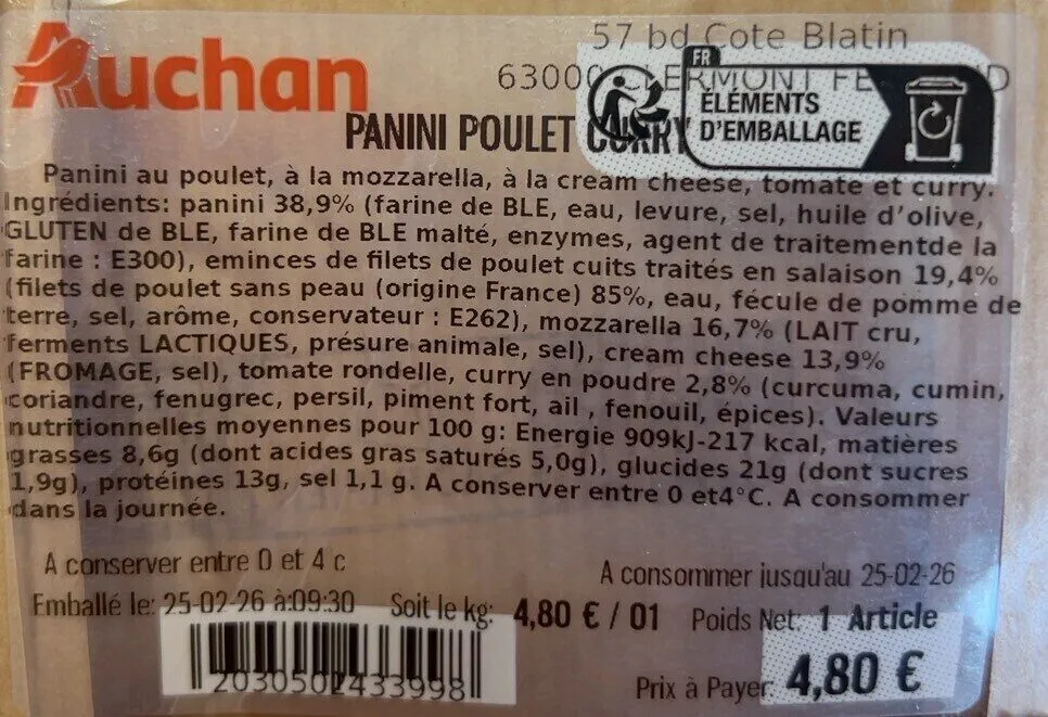 Panini poulet curry