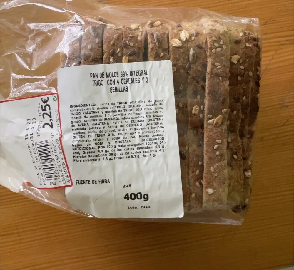 Pan de molde integral 99% 4 cereales 3 semillas