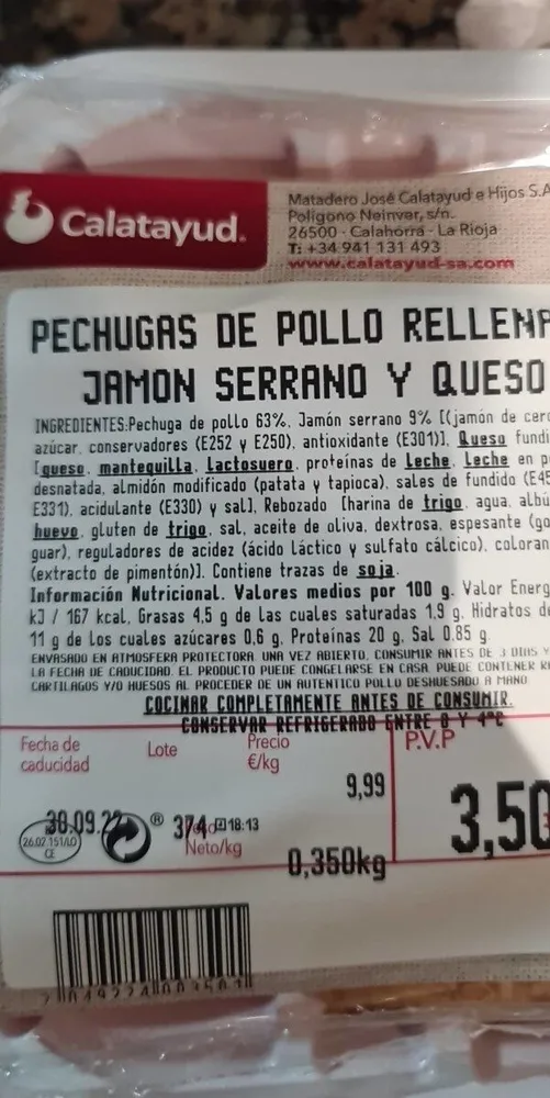 Pechugas de pollo rellenas de jamón serrano y queso