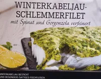 tőkehalfilé, blokkból vágott, spenótos, edámi sajtos, gorgonzola sajtos feltéttel