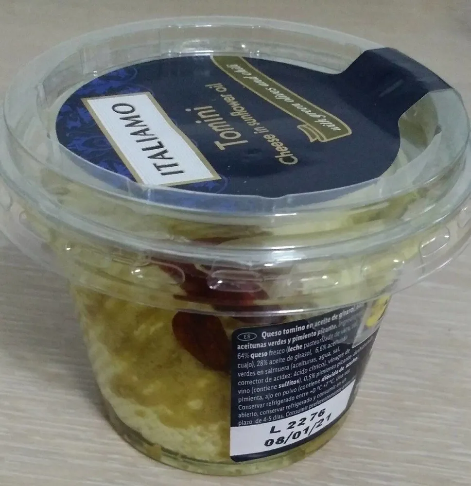 Cheese in sunflower oil with green olives and chili