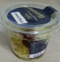 Cheese in sunflower oil with green olives and chili