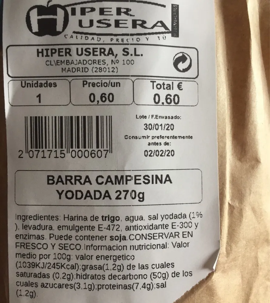 Barra campesina yodada