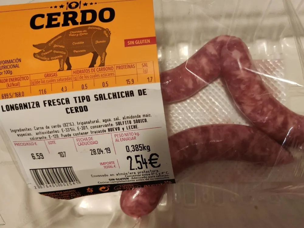 Longaniza fresca tipo salchicha de cerdo