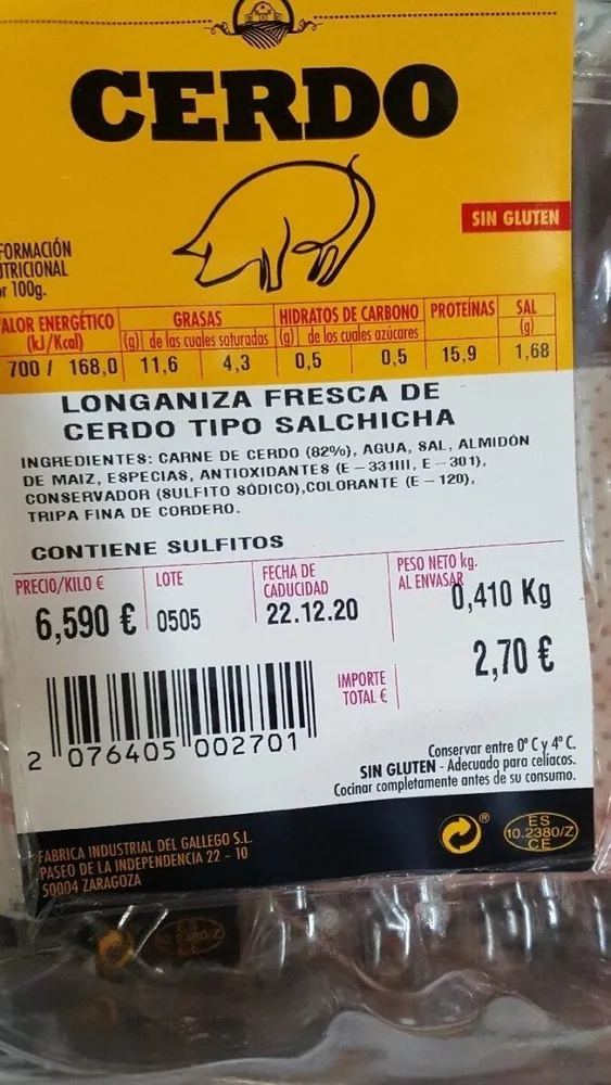 Longaniza fresca de cerdo tipo salchicha