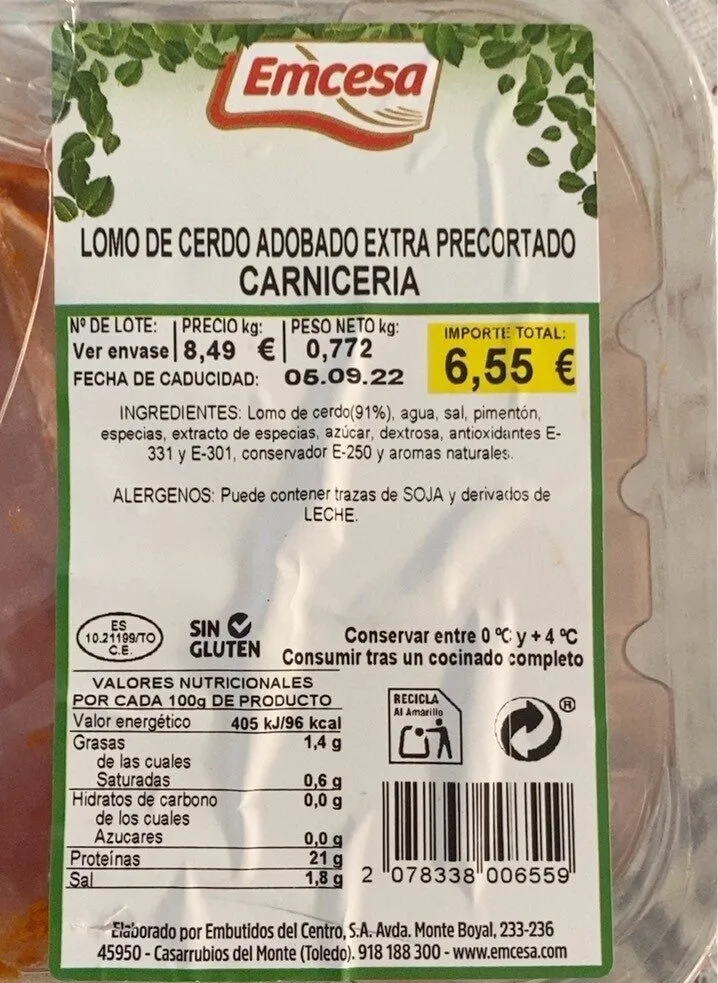 Lomo de cerdo adobado extra precortado