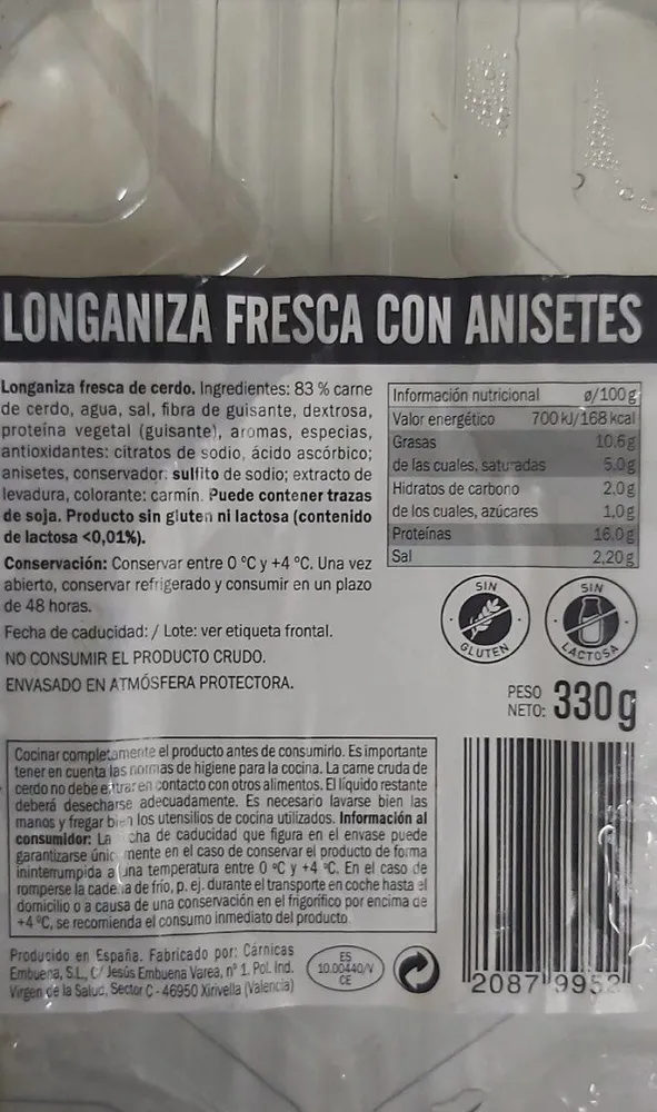 Longaniza fresca con anisetes