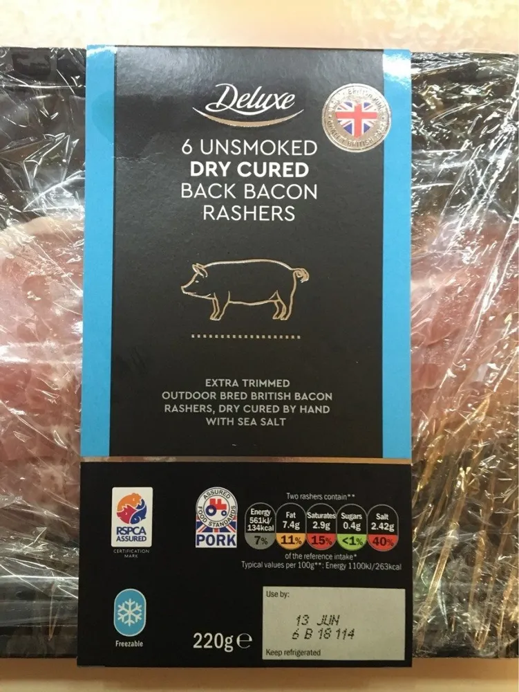 6 unsmoked dry cured back bacon rashers