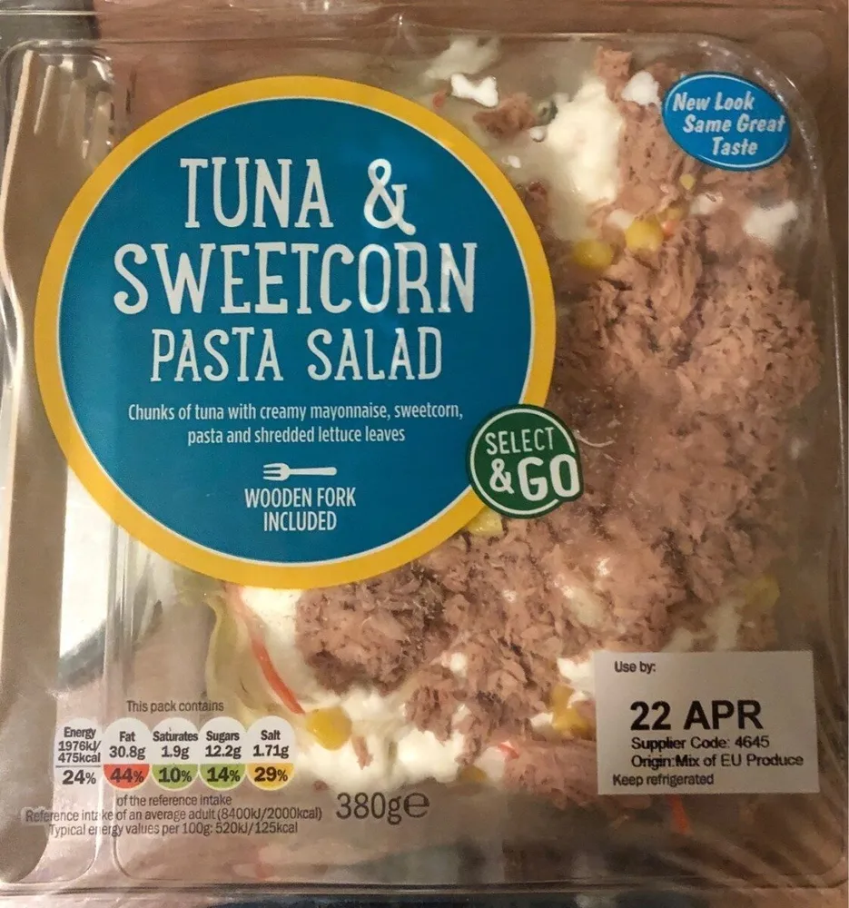Salade de pâtes, thon, mayonnaise, maïs, salade