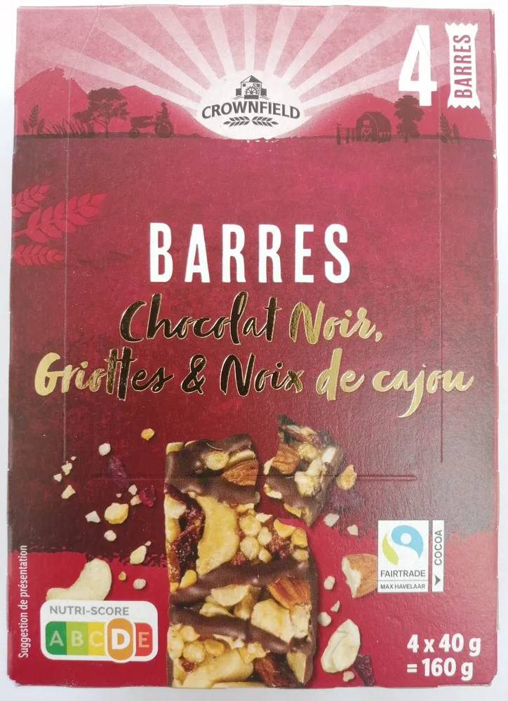 Barres Chocolat Noir, Griottes et Noix de cajou
