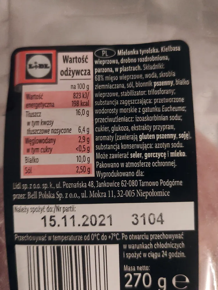 Mielonka tyrolska. Kiełbasa wieprzowa, drobno rozdrobniona, parzona, w plastrach