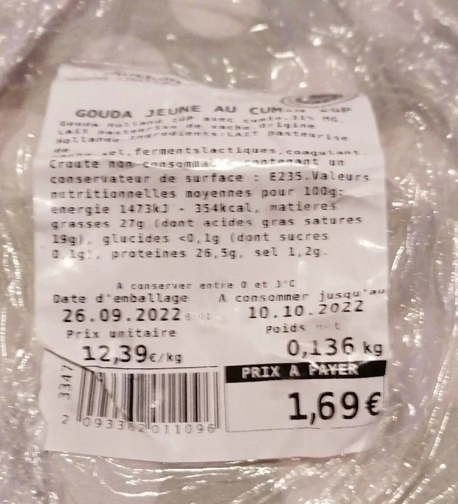 Gouda jeune au cumin
