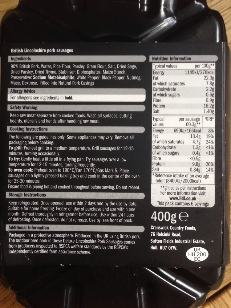 British Linconshire Pork Sausages