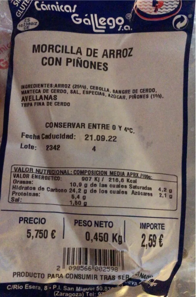 Morcilla arroz cln piñones