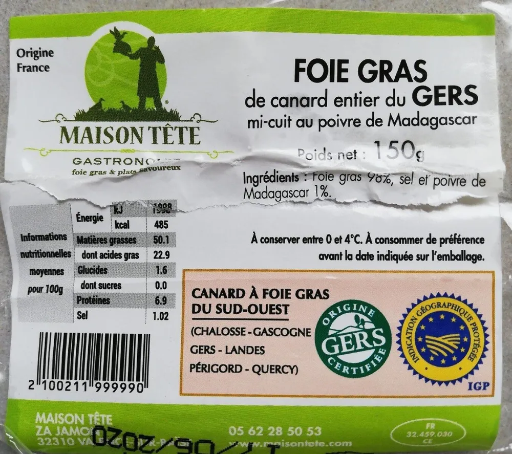 Foie gras entier du Gers mi-cuit au poivre de Madagascar