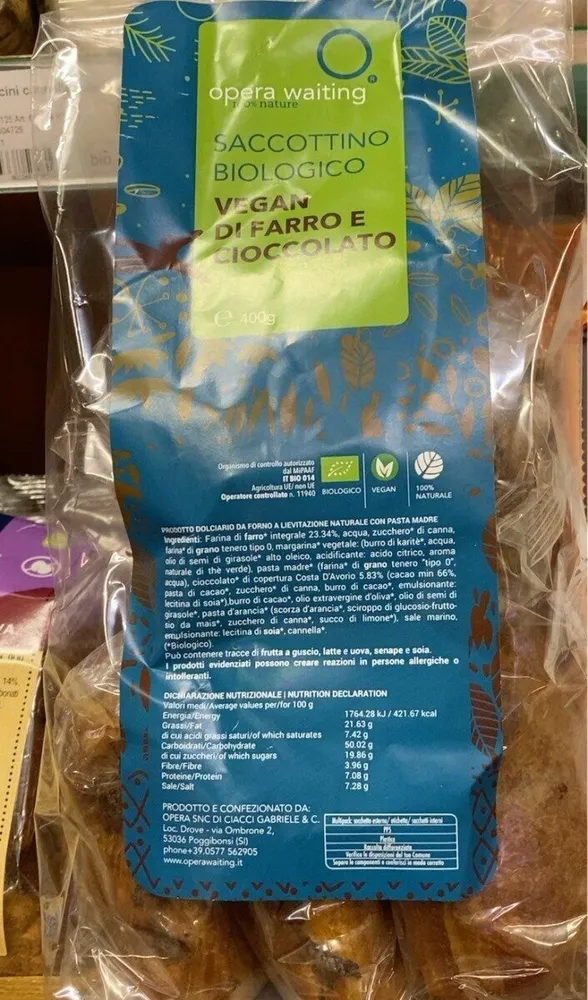 Saccottino Biologico Vegan di farro e cioccolato