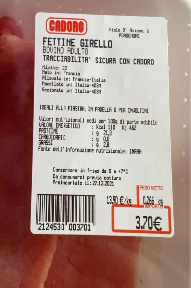 Fettine girello bovino adulto