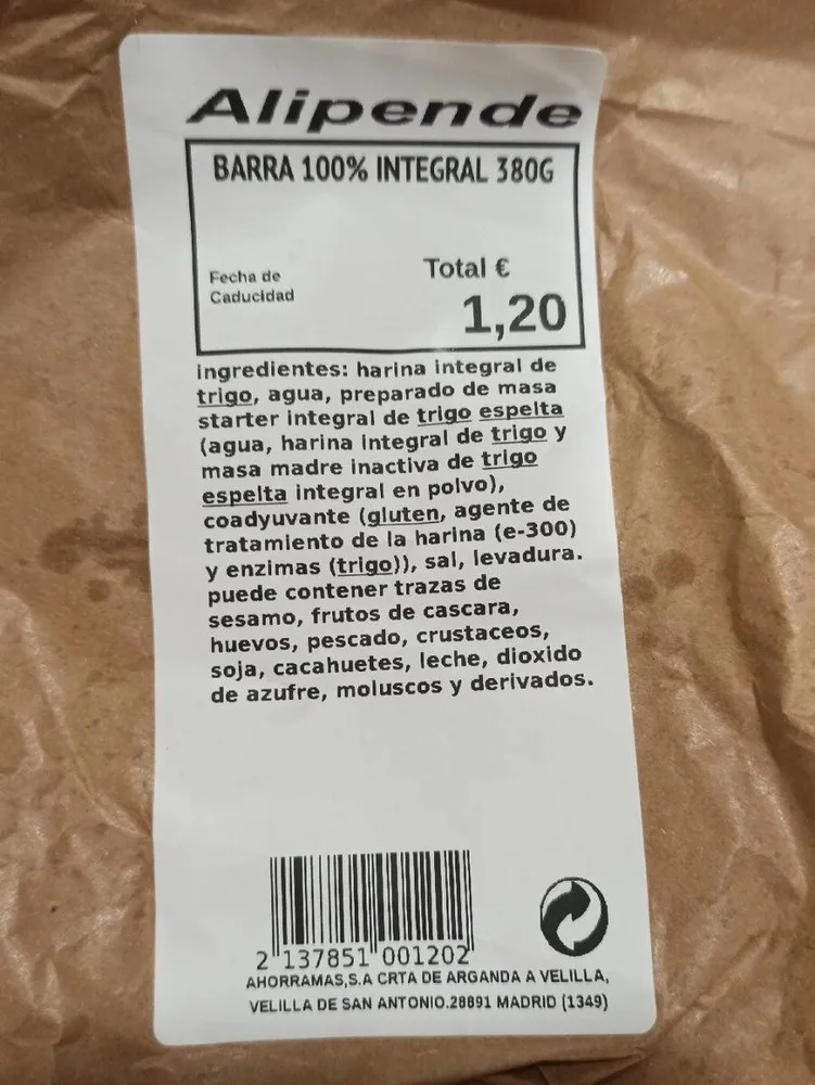 Barra 100% integral 380gr