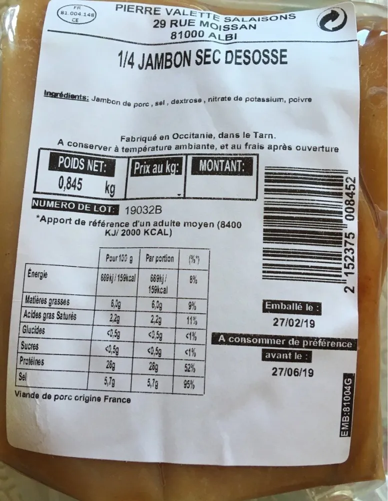 Jambon sec desosse