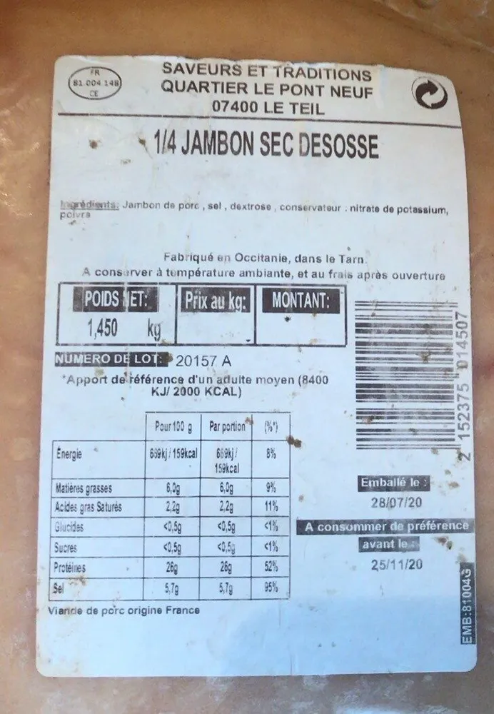 Jambon sec desosse