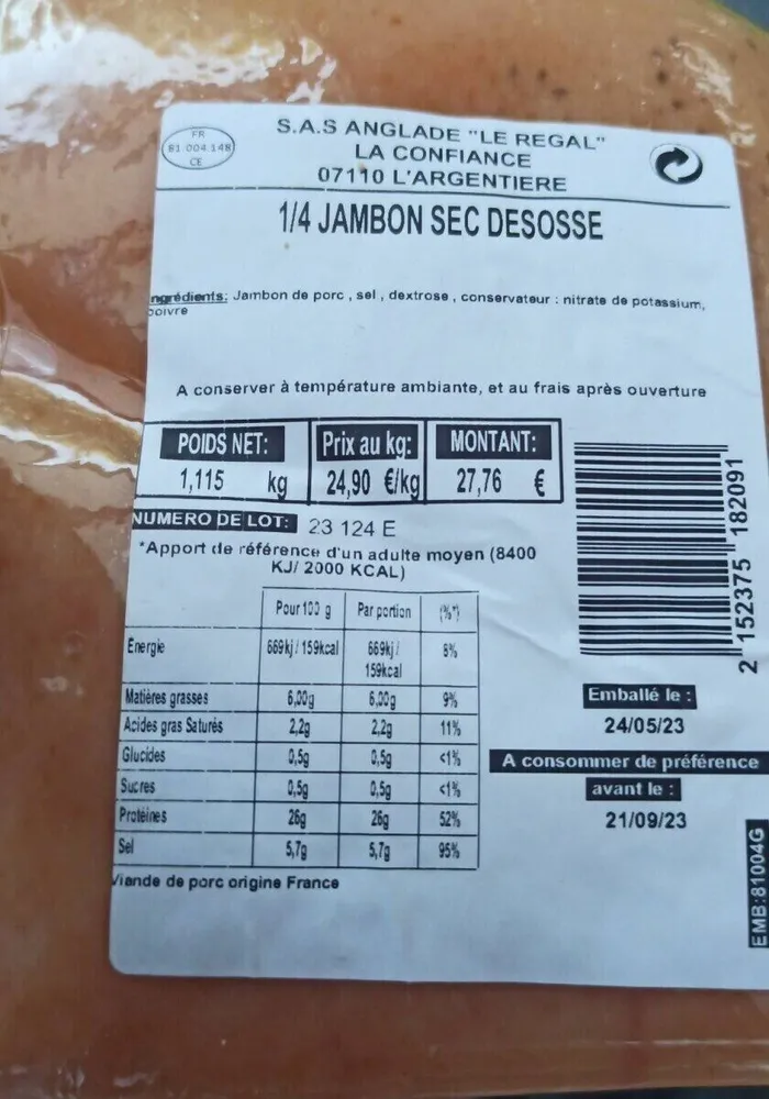 1/4 Jambon sec désossé