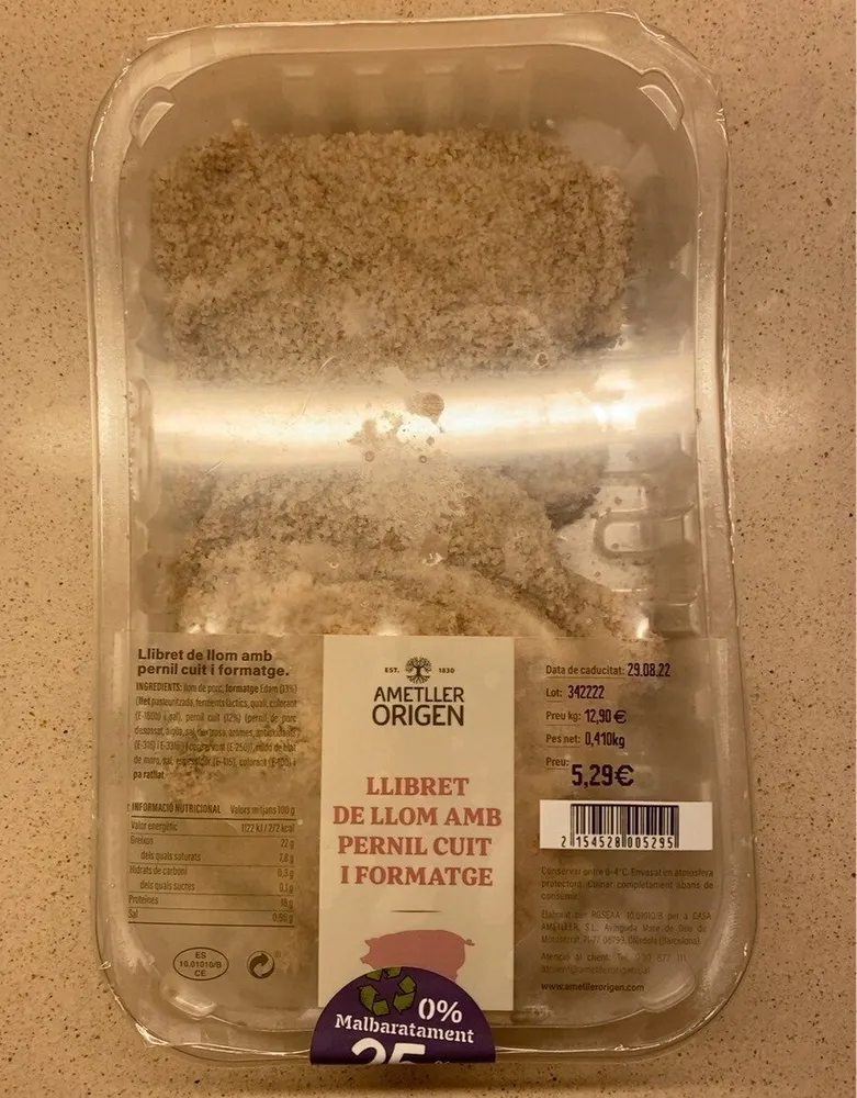 Llibret de llom amb pernil cuit i formatge