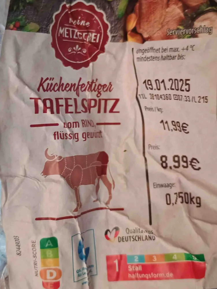Küchenfertiger Tafelspitz, vom Rind, flüssig gewürzt