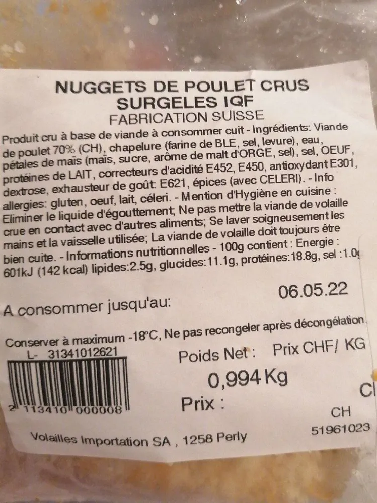 Nuggets poulet surgelés iqf