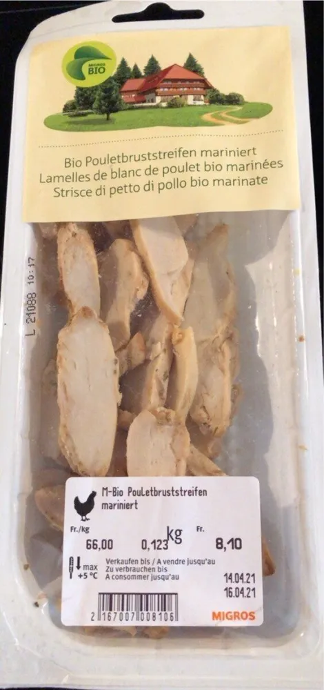 Lamelles de blanc de poulet bio marinees
