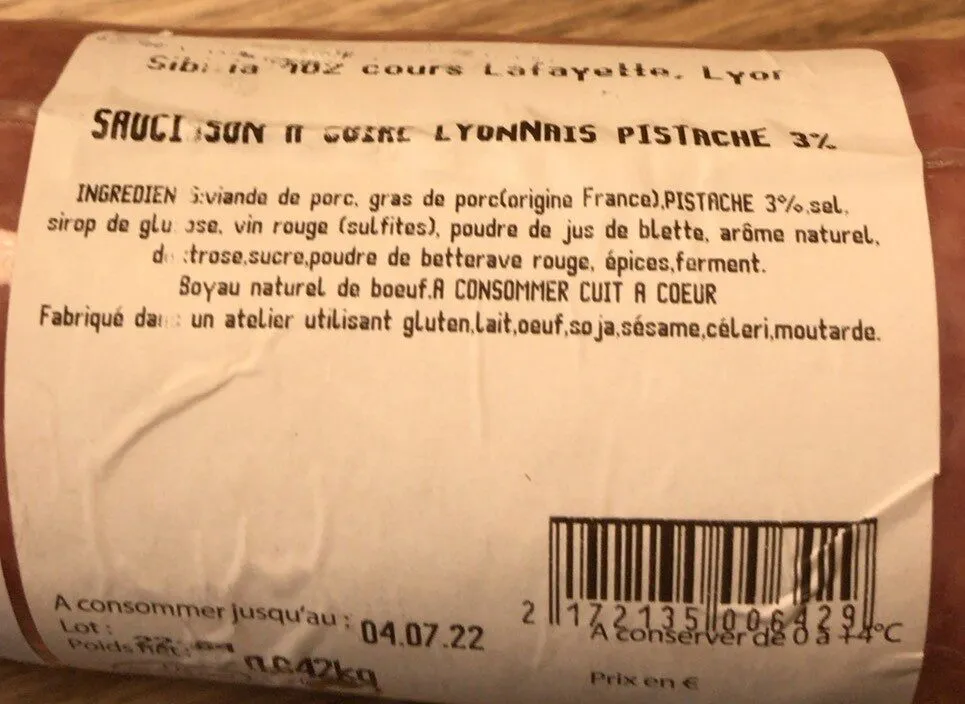 Saucisson a cuire pistache
