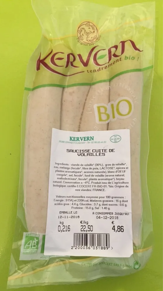 Saucisses cuites de volailles