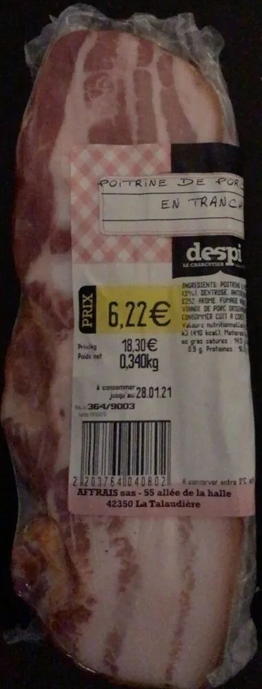 Poitrine de porc fumée en tranche
