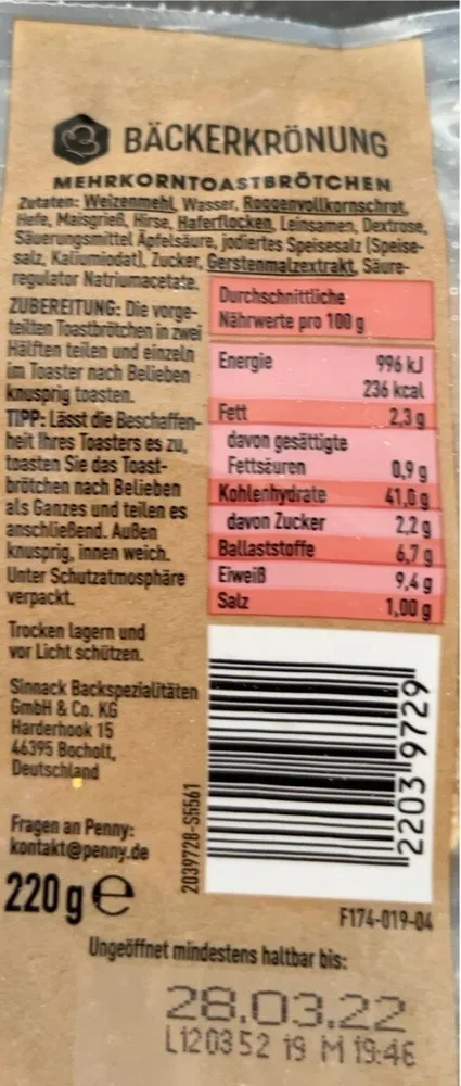 Bäckereikrönung Mehrkorn Toastbrötchen