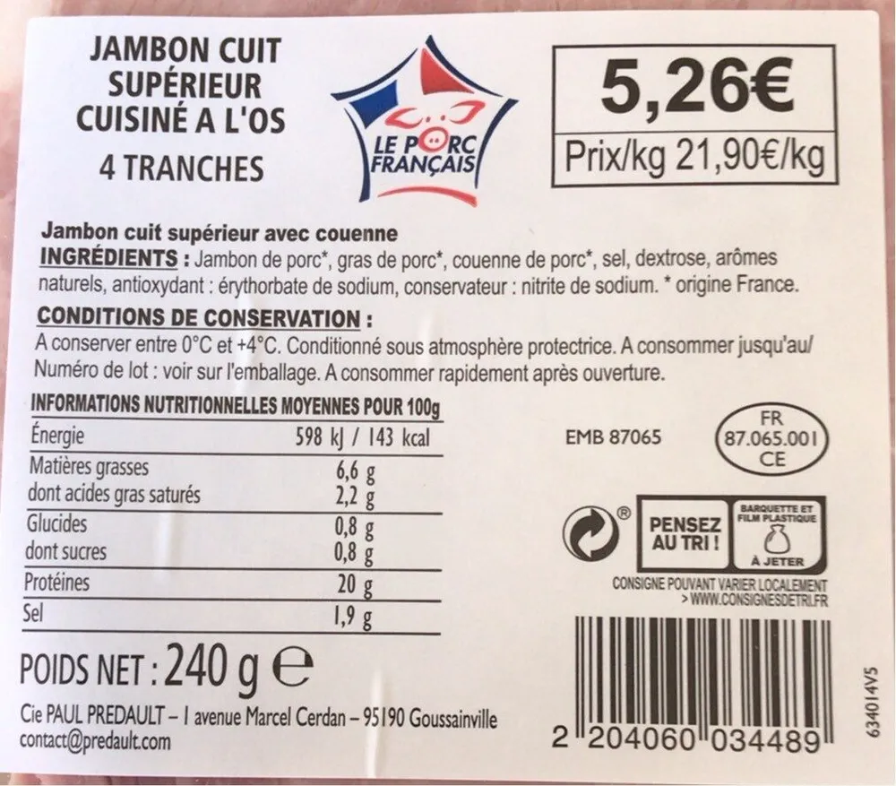 Jambon cuit superieurcuisine à l’os