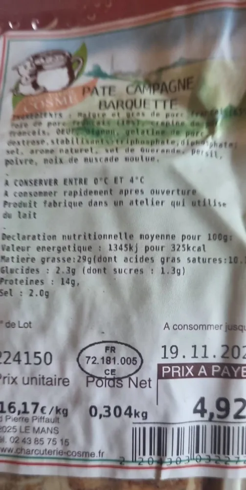 Pâte campagne barquette