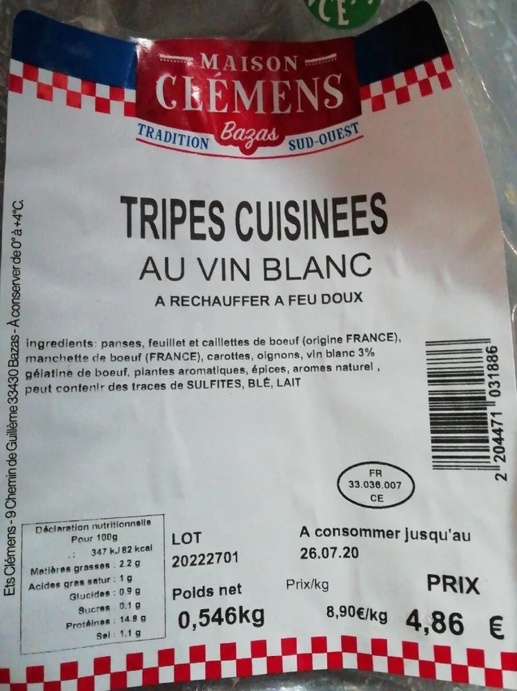 Tripes cuisinées au vin blanc