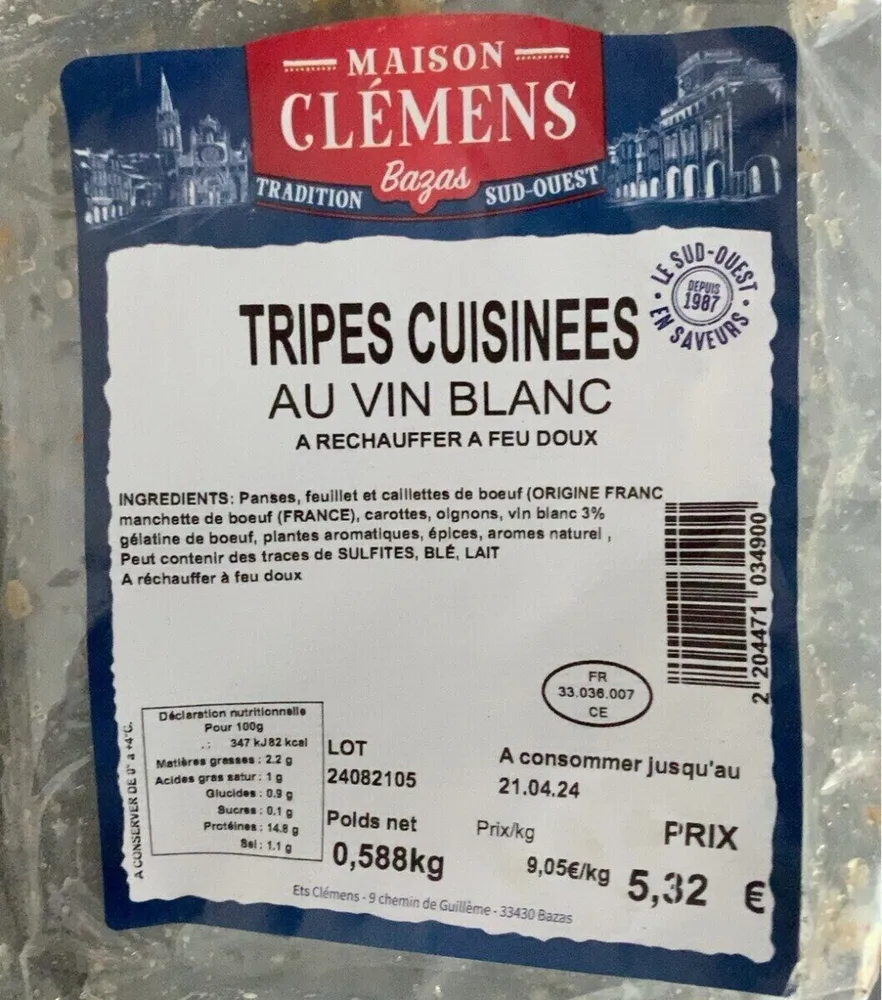 Tripes cuisinees au vin blanc