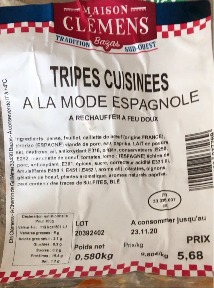 Tripes cuisinees a la mode espagnoles