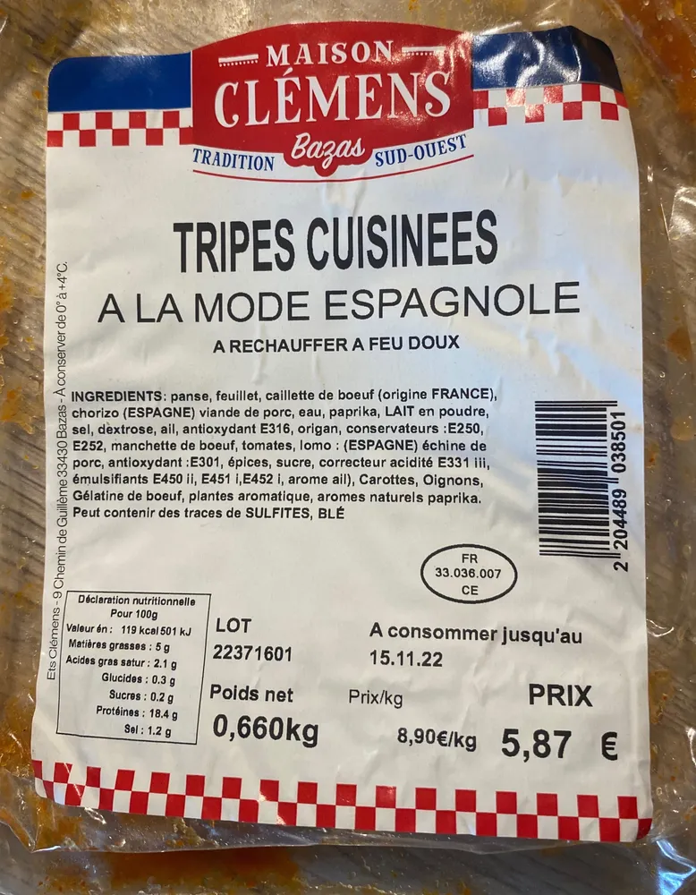 Tripes cuisinées à l’espagnole
